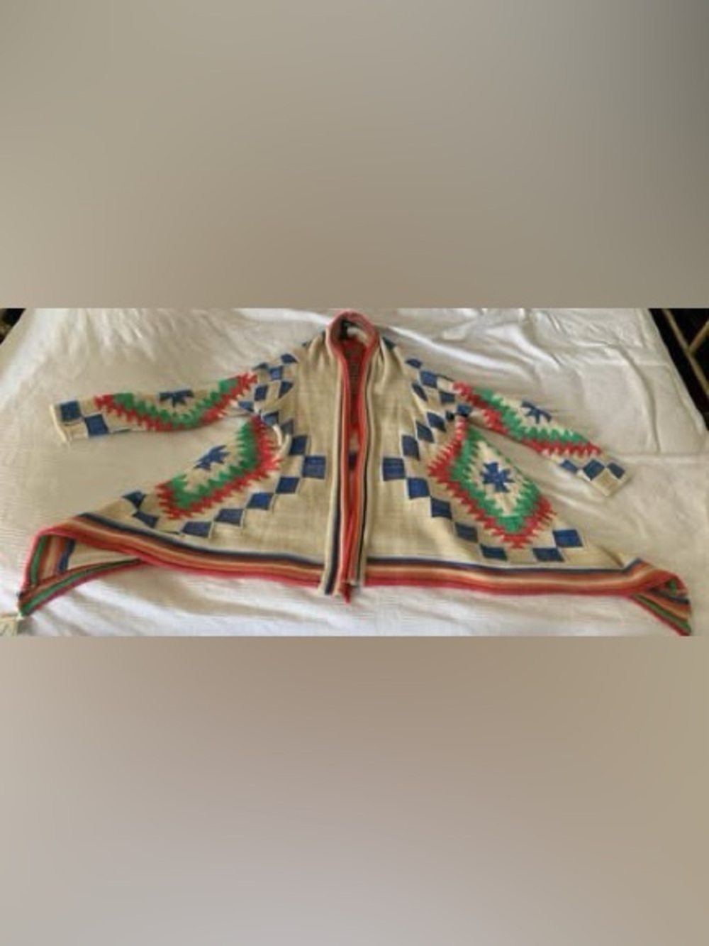 Lauren Ralph Lauren Beige Cardigan with Blue, Red & Green Geometric Motif